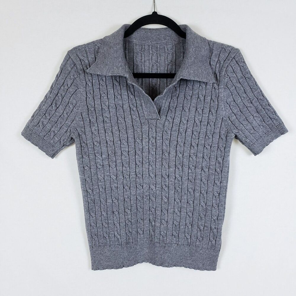 Cable Knit Polo Top Womens M Gray Preppy Classic Old Money Academia